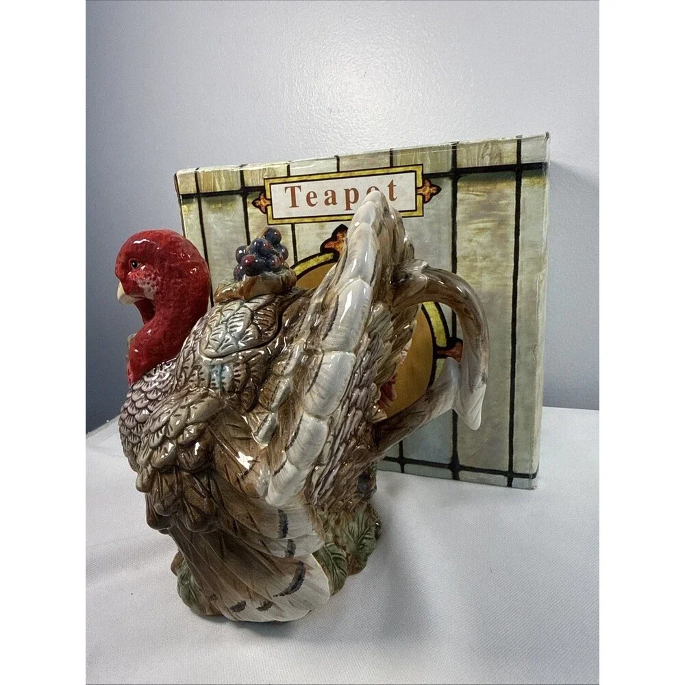 Vintage Ceramic Turkey Teapot Fall Foliage Thanksgiving  8” Pitcher Cottagecore
